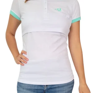 Blusa maternidad - lactancia Tipo Polo. Blanco combinación aqua