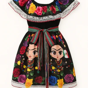 Vestido campesina Negro 3 a 10 años. Fridita