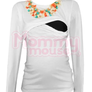 Blusa maternidad-lactancia Manga Larga. Collar gotas plumas